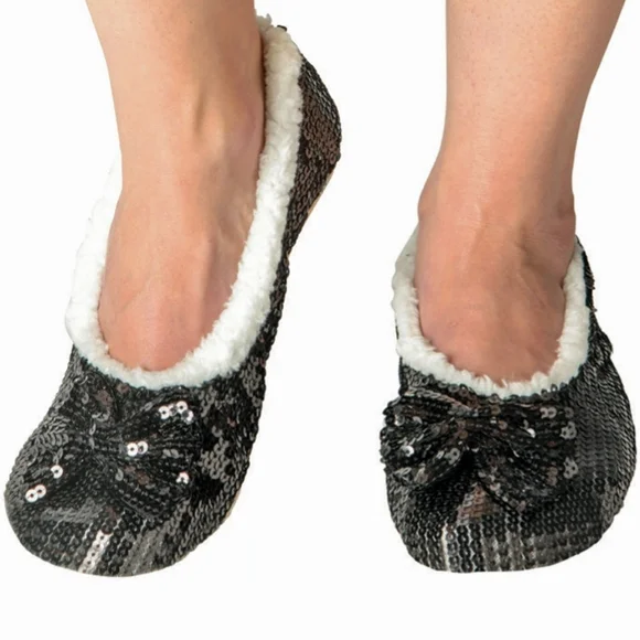 SNOOZIES SEQUIN SLIPPERS BLACK WOMENS SIZE MEDIUM‎ SHOE SIZE 7-8 NWT - Picture 7 of 8